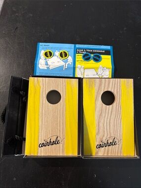Coinhole Mini Cornhole Boards - Natural Wood with Yellow Accent